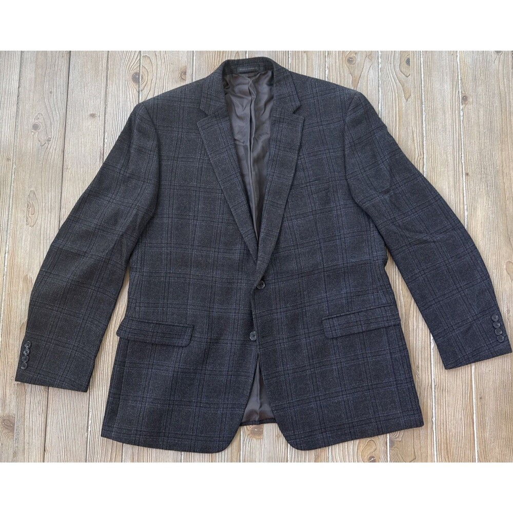 Men’s RALPH LAUREN Dark Grey Black Blue Plaid 100% Wool 46L Blazer Sport Coat